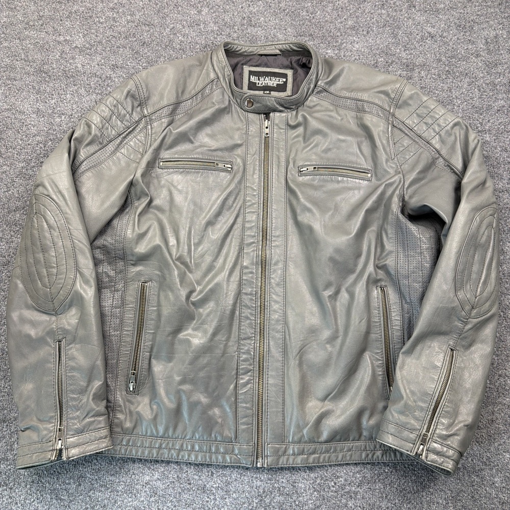 Milwaukee‎ Leather Gray Moto Jacket Men's 2XL Café Racer Quilted Motorcycle